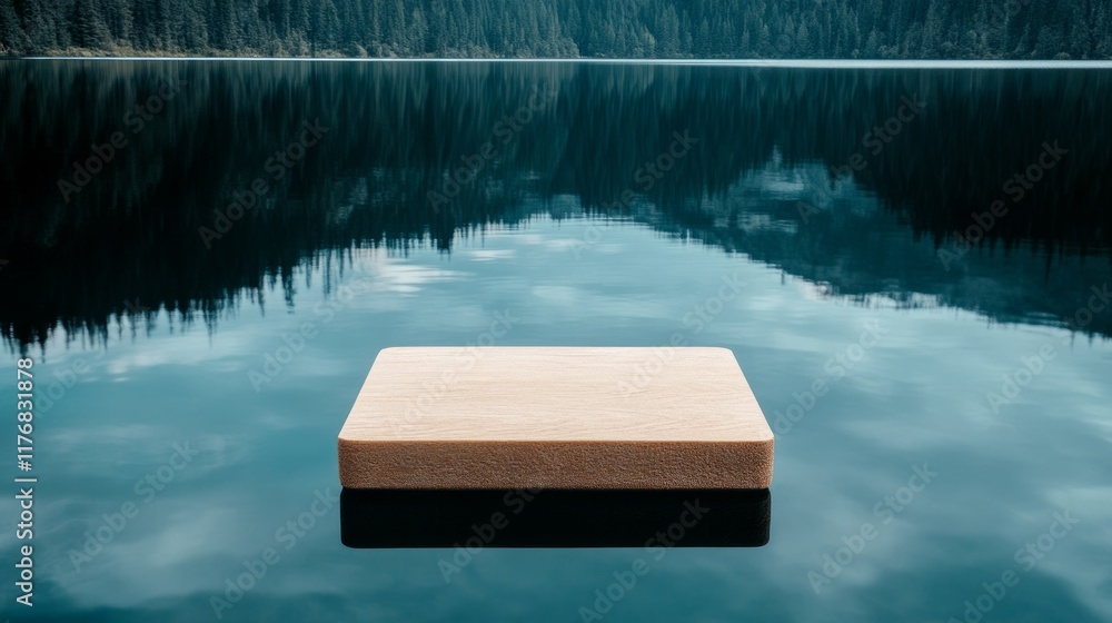 Poster floating rectangular object on calm lake water surrounded by trees.