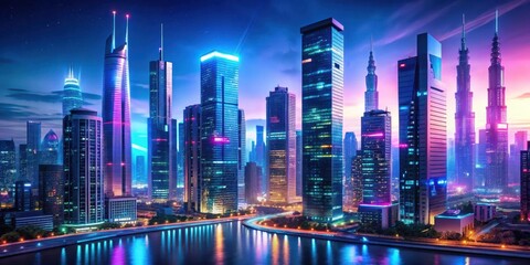 Futuristic cityscape with neon lights and sleek skyscrapers at dusk , night scene