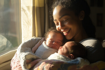 Young mother holding twins of different ethnicities in cozy nursery