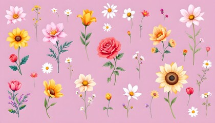 Vibrant Collection of Floral Illustrations on a Soft Pink Background with Various Flower Species