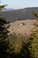 Klinove huts, view of the Giant Mountains, autumn mountain landscape