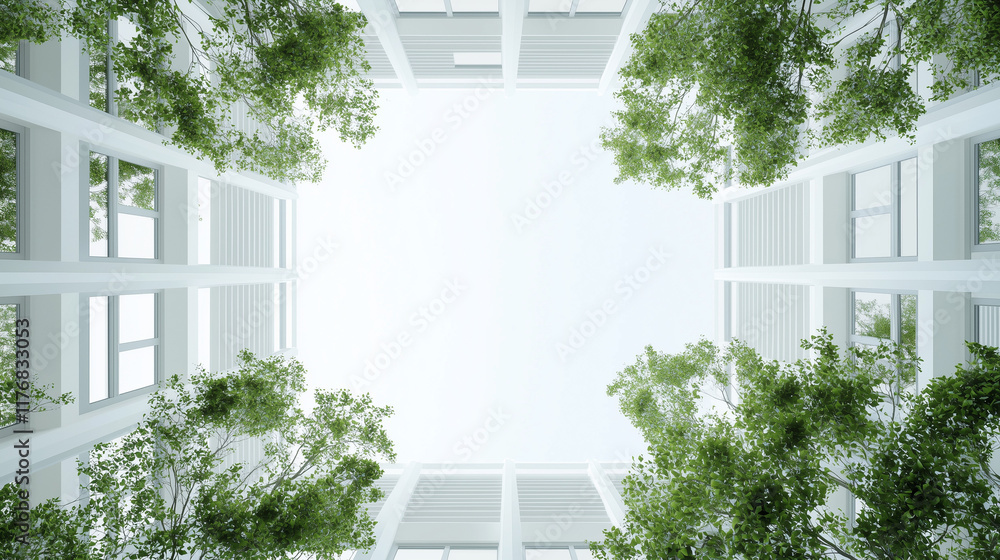 Poster zenith garden atrium: a serene view looking up towards the sky from within a modern building's lush 