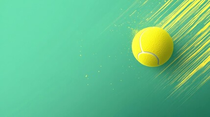 Fast-moving tennis ball on teal background with motion blur.