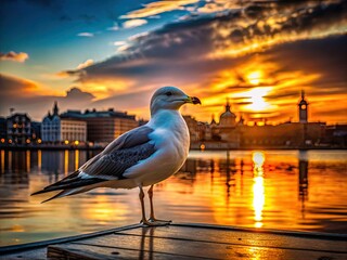 Elegant seagull silhouette against Stockholm's sunset, slow-motion pier photography.