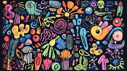 Naklejka premium Colorful abstract shapes and doodles on dark background.
