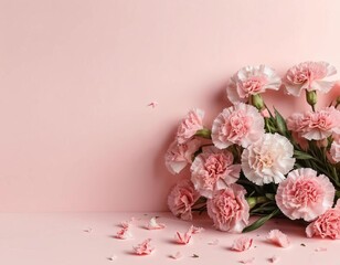 A bouquet of pink carnations on a pastel pink background