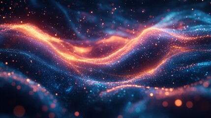 A mesmerizing display of glowing waves in deep blue and vibrant orange hues, creating a dynamic cosmic effect of light and energy.