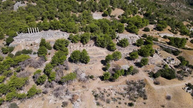 Footage of historical ruins, columns, ancient theater and temples in the ancient city of Priene.