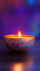 A photograph of Diwali featuring a beautiful candle with a soft flame, creating a warm, festive atmosphere during the celebration.