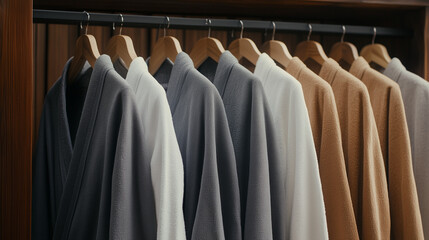 Obraz premium Soft and Cozy: A collection of plush robes in calming colors hang on a wooden rack, inviting relaxation and comfort. 