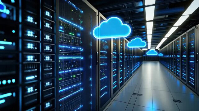 Row of server racks in data center with glowing blue cloud icons, showcasing cloud security in financial services, data safety in advanced networks