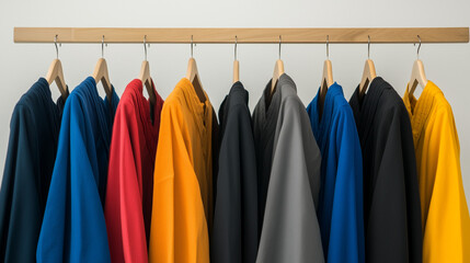 Obraz premium Colorful Coats on Display: A stylish array of diversely colored coats hangs neatly on wooden hangers, showcasing a vibrant collection of outerwear. Perfect for fashion blogs, online stores.