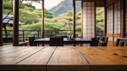 Table top on Japanese style room blur background.