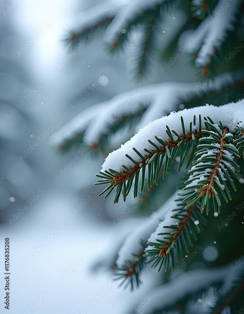 Poster snow-covered pine branches in a winter wonderland. the delicate needles are dusted with a fresh laye
