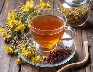 Fototapeta premium A glass cup of tea with dried flowers and a wooden background