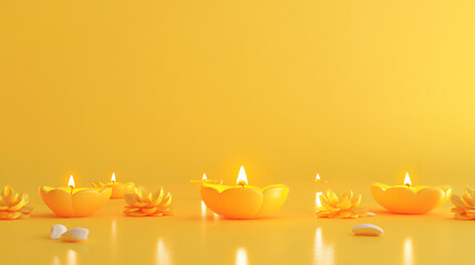 A plain yellow festive background with some diyas placed on it, creating a warm and celebratory atmosphere, perfect for Diwali or other festive occasions.