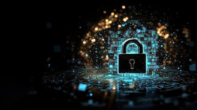 Digital padlock floating on abstract futuristic background, highlighting cloud security in financial services, data protection innovation - Powered by Adobe