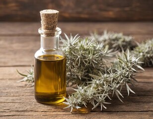 Fototapeta premium A bottle of sagebrush oil with dried sagebrush leaves next to it.