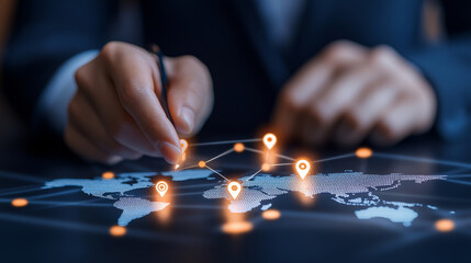 Enhancing global connectivity through digital mapping and location tracking, this showcases professional hand interacting with world map, highlighting various locations