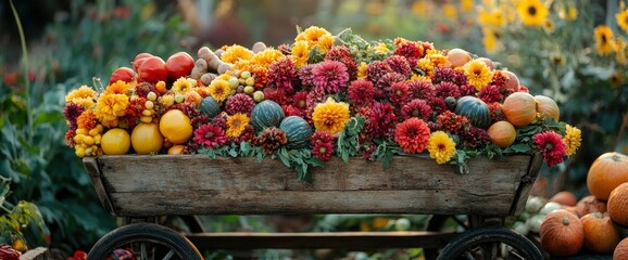 Rustic Wooden Cart Overflowing with Autumn Harvest Flowers and Produce