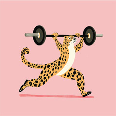 Leopard lifting a barbell on a pink background.
