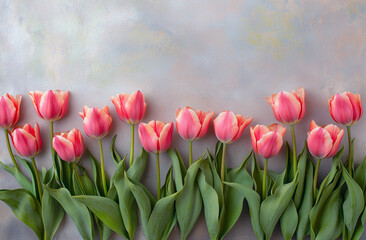Beautiful composition spring flowers. Bouquet of pink tulips flowers on pastel pink background. Valentine's Day, Easter, Birthday, Happy Women's Day, Mother's Day.
Flat lay, top view, copy