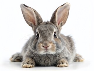 Adorable Gray Bunny Close-Up: Paws Outstretched on White Background - High-Resolution Stock Photo