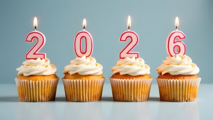 Fototapeta premium New Year's muffins with cream and candles in the shape of numbers 2026.