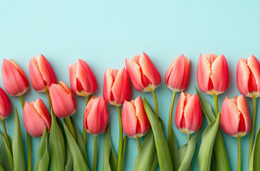 Beautiful composition spring flowers. Bouquet of pink tulips flowers on pastel pink background. Valentine's Day, Easter, Birthday, Happy Women's Day, Mother's Day.
Flat lay, top view, copy