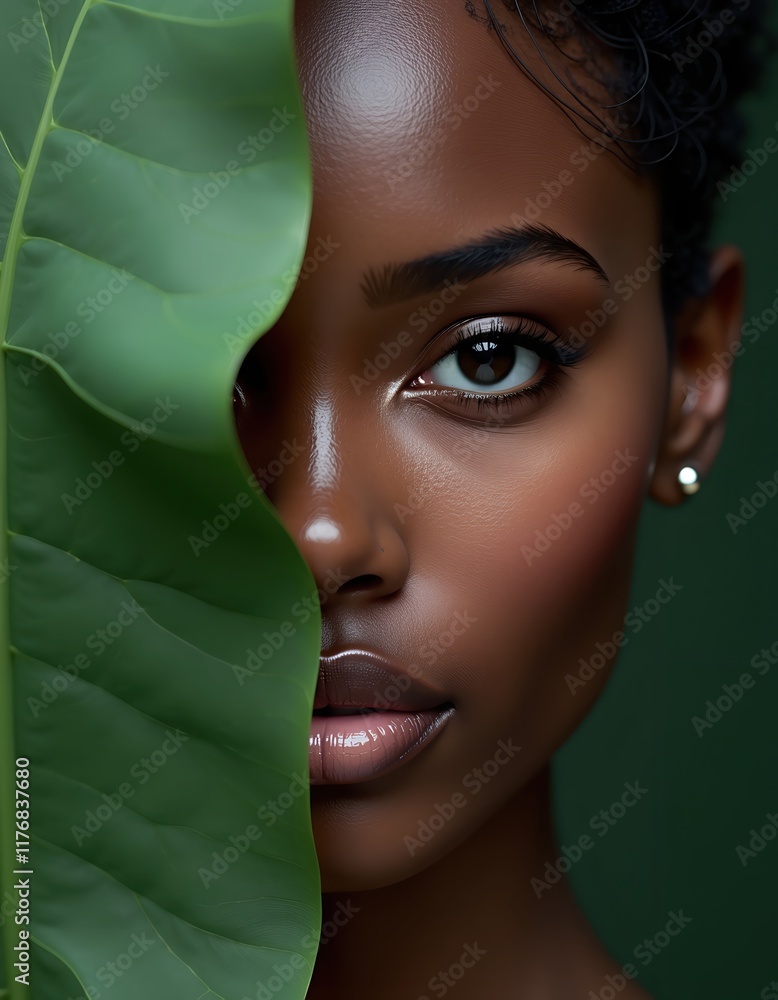 Poster a woman's face is partially obscured by a large green leaf, creating a mysterious and alluring portr