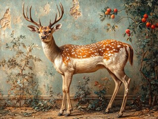 Fototapeta premium A painting of a spotted deer in a garden setting Ideal for home decor nature-themed projects or wildlife publications