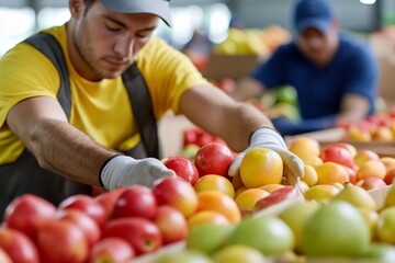 Warehouse worker sorting fruits, packaging, industry