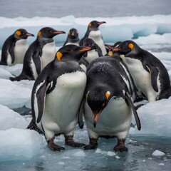 Fototapeta premium Penguins huddling together on an icy shoreline.