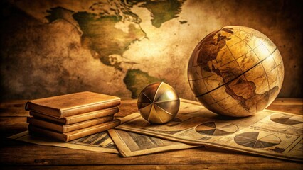 Retro globe and pie chart visualize data; vintage infographic design for business analytics.