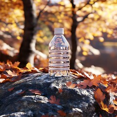 Obraz premium A crystal-clear water bottle balanced on a large rock, surrounded by bright autumn leaves
