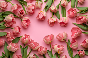 Beautiful composition spring flowers. Bouquet of pink tulips flowers on pastel pink background. Valentine's Day, Easter, Birthday, Happy Women's Day, Mother's Day.
Flat lay, top view, copy