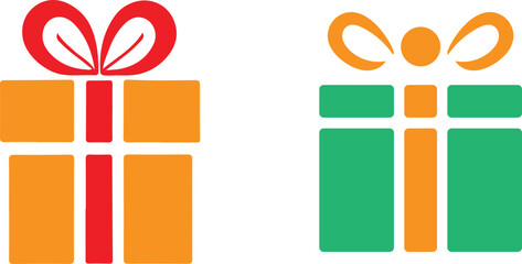 Simple, flat vector icons of two gift boxes, one orange and one green, with red and orange ribbons, respectively.