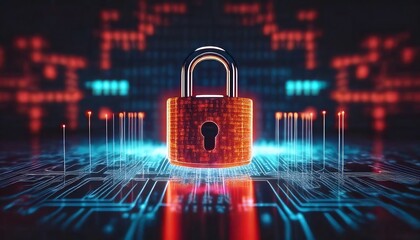 A digital lock stands out against a vibrant, circuit-like background, symbolizing cybersecurity and data protection in a futuristic environment.