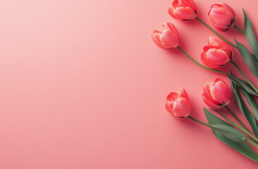 Beautiful composition spring flowers. Bouquet of pink tulips flowers on pastel pink background. Valentine's Day, Easter, Birthday, Happy Women's Day, Mother's Day.
Flat lay, top view, copy