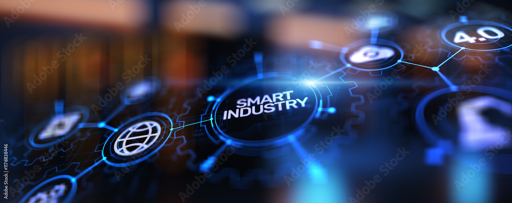 Poster smart industry 4.0, automation and optimisation concept on virtual. business and modern technology c