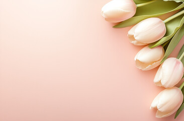 Beautiful composition spring flowers. Bouquet of pink tulips flowers on pastel pink background. Valentine's Day, Easter, Birthday, Happy Women's Day, Mother's Day.
Flat lay, top view, copy