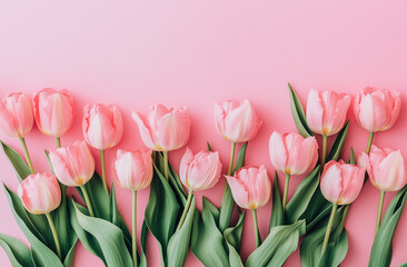 Beautiful composition spring flowers. Bouquet of pink tulips flowers on pastel pink background. Valentine's Day, Easter, Birthday, Happy Women's Day, Mother's Day.
Flat lay, top view, copy
