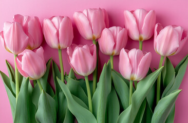 Beautiful composition spring flowers. Bouquet of pink tulips flowers on pastel pink background. Valentine's Day, Easter, Birthday, Happy Women's Day, Mother's Day.
Flat lay, top view, copy