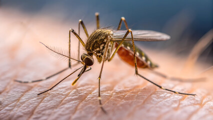Close-Up of Aedes Aegypti Mosquito on Human Skin: Zika Virus and Disease Transmission