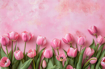 Beautiful composition spring flowers. Bouquet of pink tulips flowers on pastel pink background. Valentine's Day, Easter, Birthday, Happy Women's Day, Mother's Day.
Flat lay, top view, copy