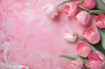 Beautiful composition spring flowers. Bouquet of pink tulips flowers on pastel pink background. Valentine's Day, Easter, Birthday, Happy Women's Day, Mother's Day.
Flat lay, top view, copy