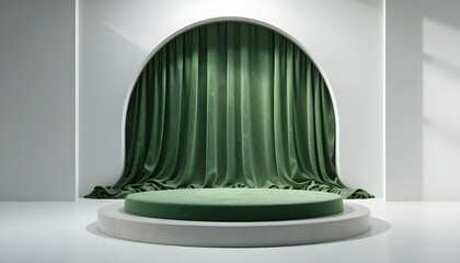 Minimalist green velvet curtain stage with circular platform and soft lighting in elegant modern design 3d podium with green screen