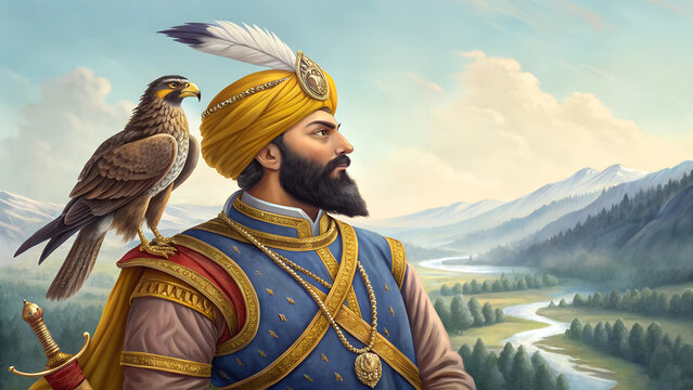 Guru Gobind Singh: Majestic Portrait with Symbolic Falcon