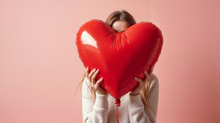 Girl holding red heart shaped balloons. Valentine's Day concept