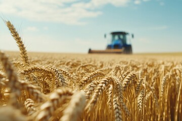 Wheat field harvest tractor harvesting ripe golden wheat